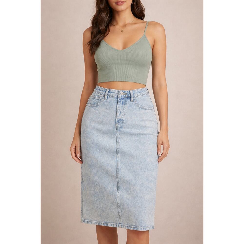 Y2K Light Wash Denim Midi Skirt High Waist Medium Angel‎ Kiss